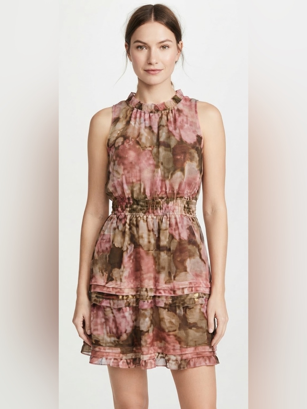 Nicole Miller Pink and Olive Watercolor Ruffle Dress